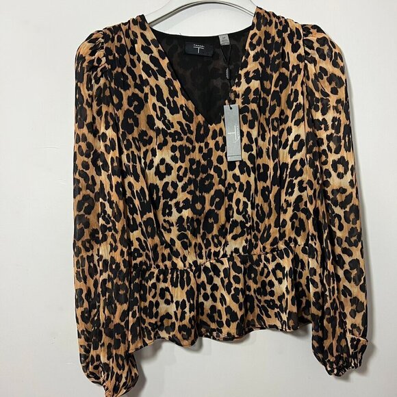 NWT Tahari leopard print long sleeve blouse animal print peplum flowy top tan - Picture 1 of 7